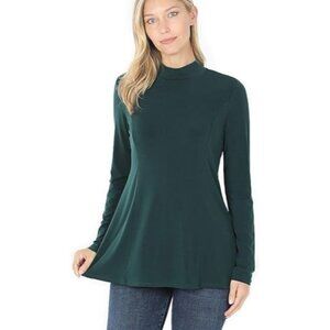 Zenana Princess Line Mock Neck Top Size Large Long Sleeve Green Polyester Swing